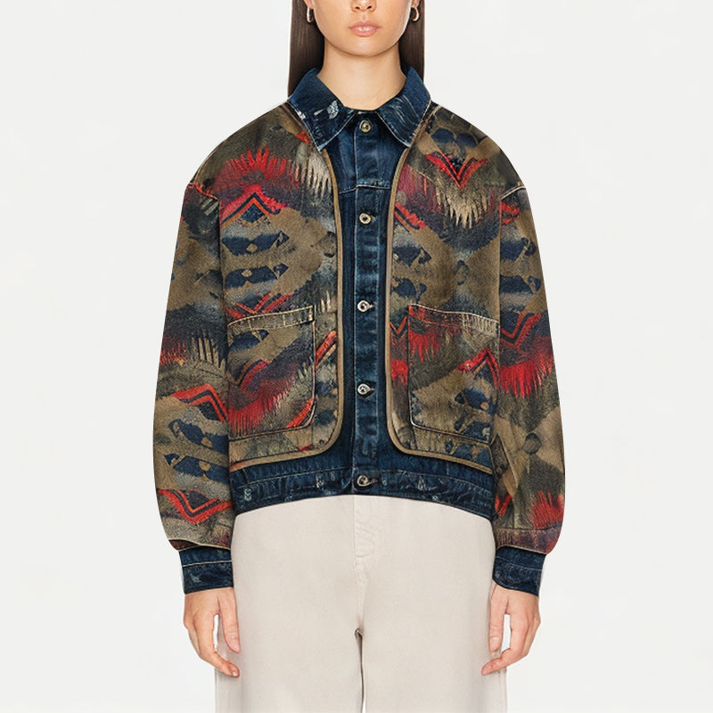 Women's Washed And Distressed Ethnic Style Denim Jacket