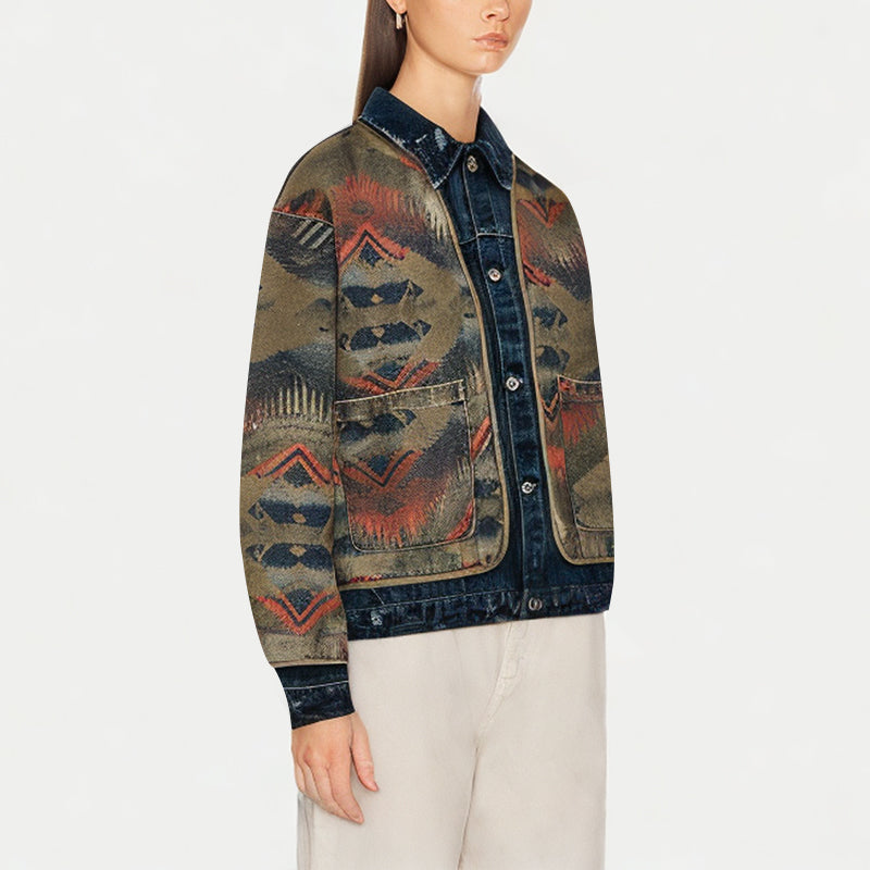 Women's Washed And Distressed Ethnic Style Denim Jacket