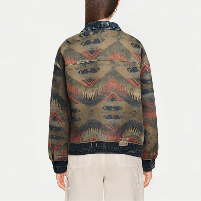 Women's Washed And Distressed Ethnic Style Denim Jacket